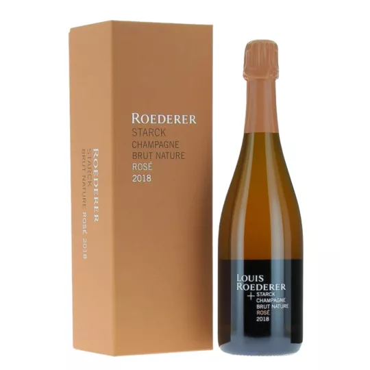 Bottiglia di Champagne Louis Roederer Brut Nature Rosé 2018 di Philippe Starck, rosé chiaro, edizione vintage senza dosaggio.