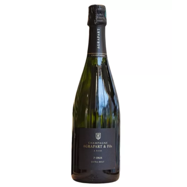 Bottiglia di Champagne Agrapart 7 Crus Extra Brut, un assemblaggio di sette villaggi, in maggioranza Chardonnay.