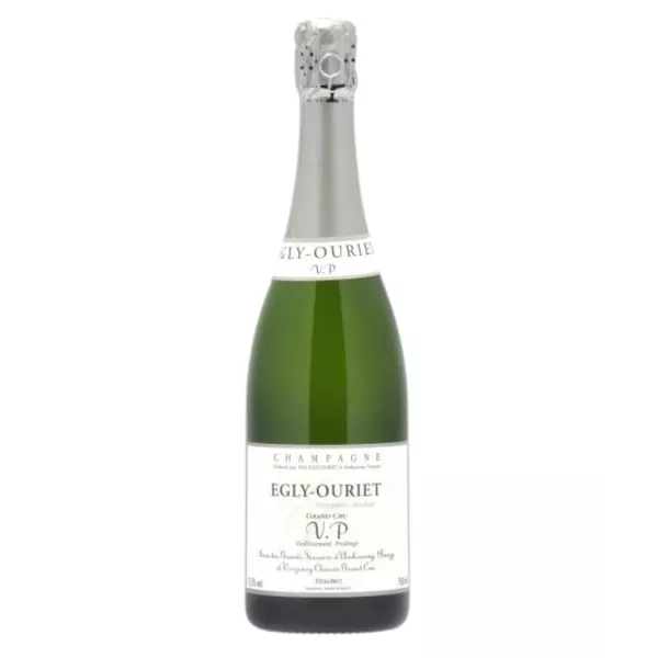 Bottiglia di Champagne Egly-Ouriet Grand Cru VP Extra-Brut, etichetta frontale, invecchiamento prolungato