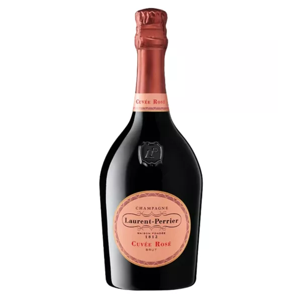 Bottiglia di champagne rosé Laurent-Perrier Cuvée Rosé, 100% Pinot Noir con aromi di frutti rossi freschi e stile elegante.