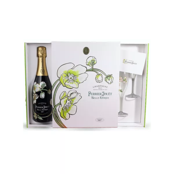 Set regalo champagne PERRIER JOUET Belle Epoque Annata 2008 con 2 bicchieri