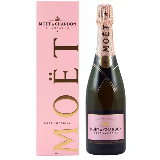 Bottiglia di Champagne Moët & Chandon Rosé Impérial, vista frontale, etichetta rosa e tappo abbinato