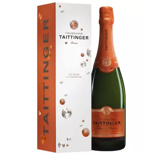 Bottiglia di Champagne Taittinger Folies de la Marquetterie, etichetta in rame, vista frontale