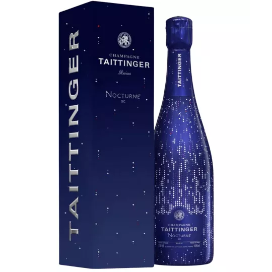 Bottiglia di Champagne Taittinger Nocturne, etichetta viola, vista frontale