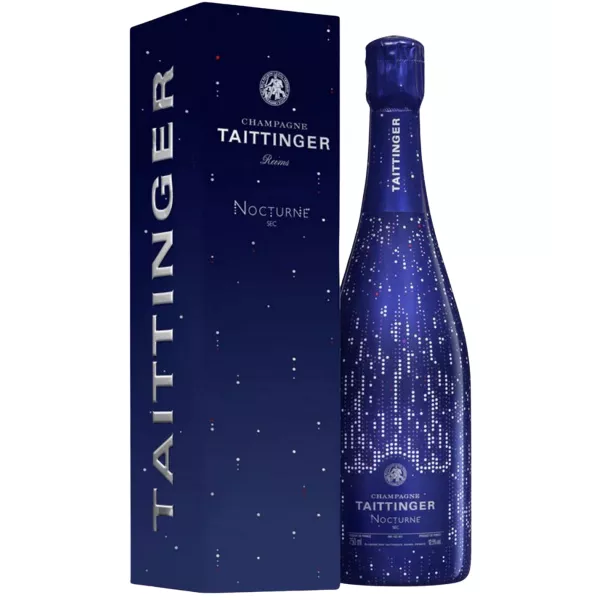 Bottiglia di Champagne Taittinger Nocturne, etichetta viola, vista frontale