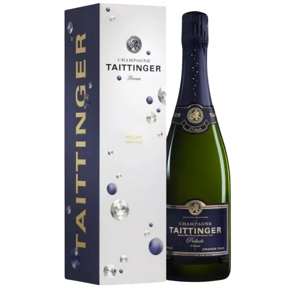 Bottiglia di Champagne Taittinger Prélude Grands Crus, vista frontale, etichetta bianca e oro