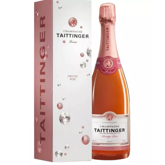 Bottiglia di Champagne Taittinger Prestige Rosé, vista frontale, etichetta visibile