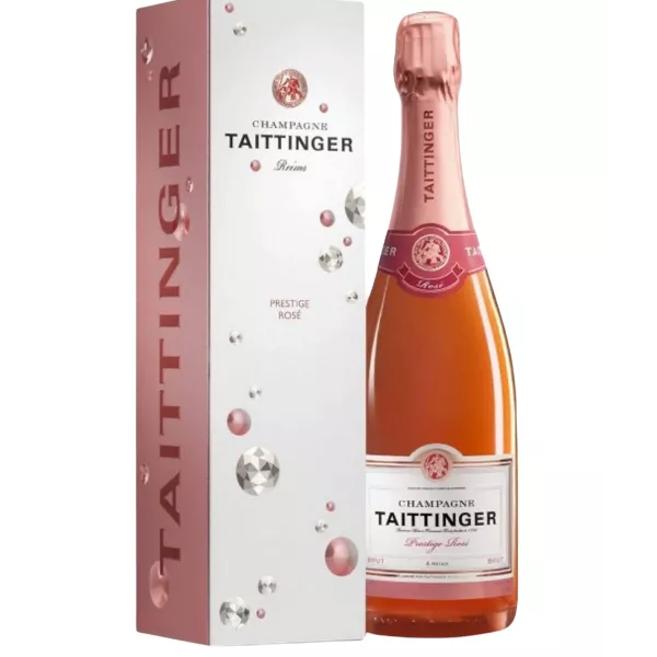 Bottiglia di Champagne Taittinger Prestige Rosé, vista frontale, etichetta visibile