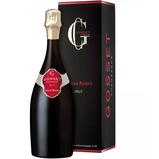 Bottiglia di Champagne Gosset Grande Réserve Brut, vista frontale, caratteristica etichetta rossa