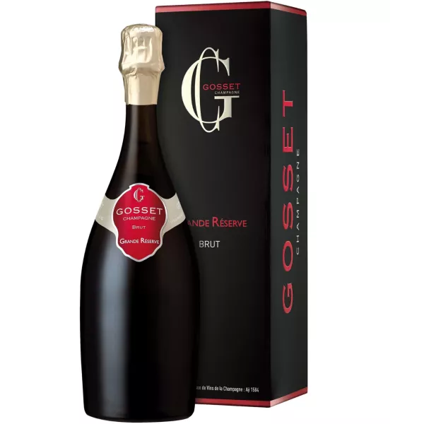Bottiglia di Champagne Gosset Grande Réserve Brut, vista frontale, caratteristica etichetta rossa