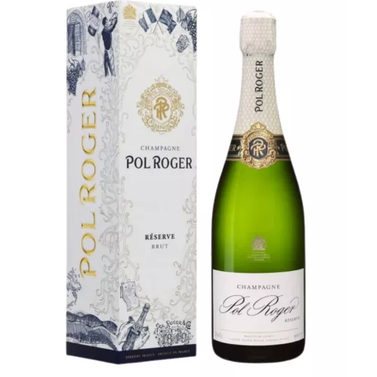 Bottiglia di Champagne Pol Roger Réserve Brut Magnum 1,5L, etichetta bianca e tappo dorato, vista frontale