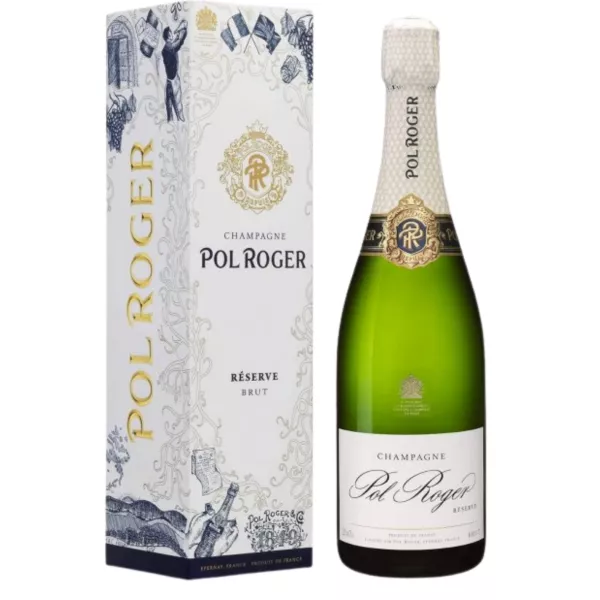 Bottiglia di Champagne Pol Roger Réserve Brut Magnum 1,5L, etichetta bianca e tappo dorato, vista frontale