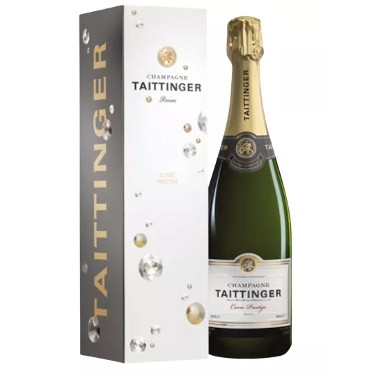 Bottiglia di Champagne Taittinger Brut Prestige Magnum 1,5L con etichetta bianca e oro, vista frontale