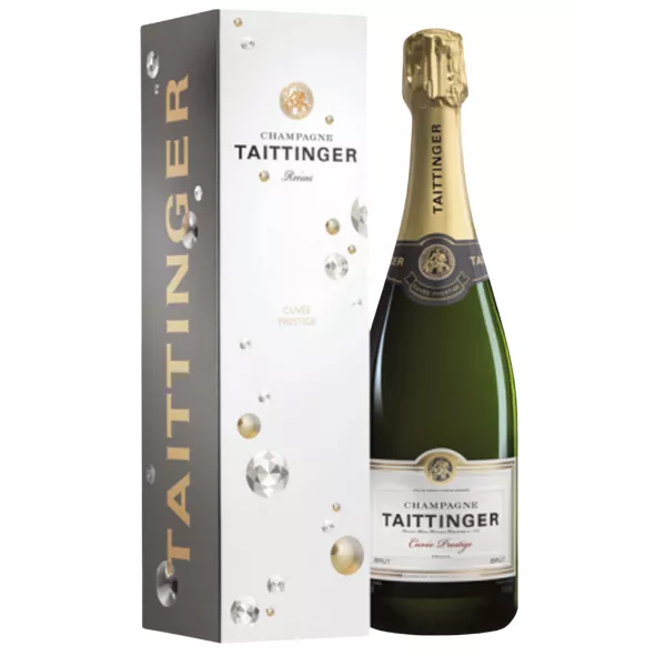 Bottiglia di Champagne Taittinger Brut Prestige Magnum 1,5L con etichetta bianca e oro, vista frontale