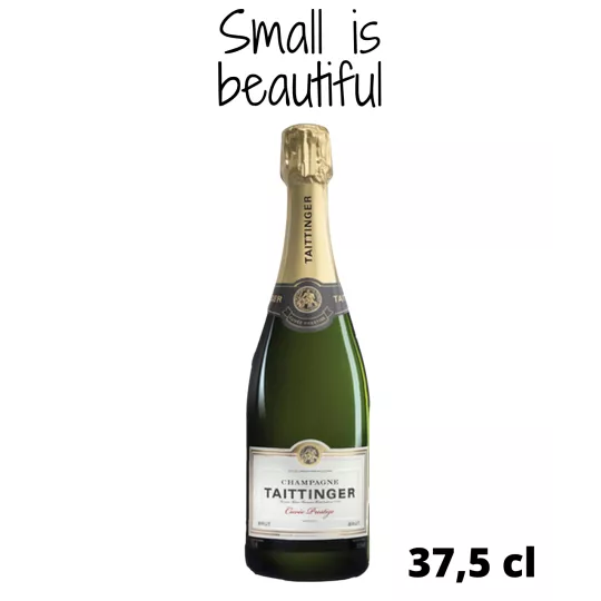 mezza bottiglia di champagne taittinger brut prestige su sfondo bianco, vista frontale