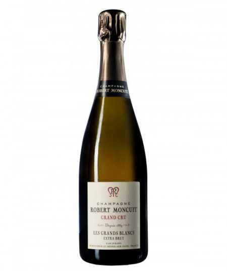 Bottiglia di Champagne Robert Moncuit Blanc De Blancs con bicchieri.