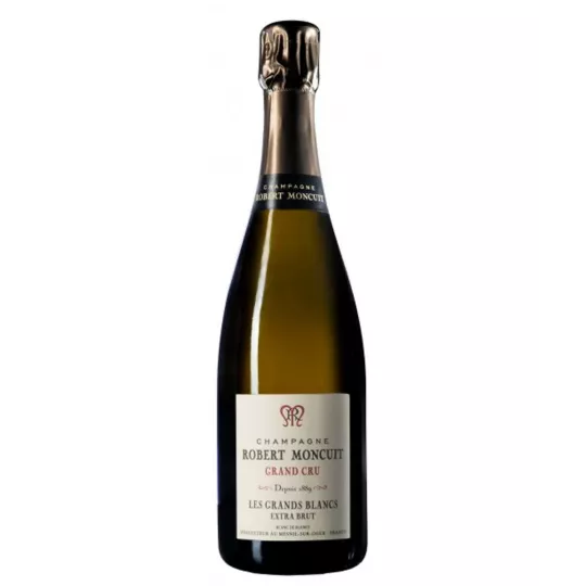 Bottiglia di Champagne Robert Moncuit Blanc De Blancs con bicchieri.