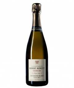 Bottiglia di Champagne Robert Moncuit Blanc De Blancs con bicchieri.