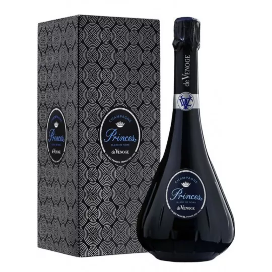 Bottiglia di Champagne De Venoge Princes Blanc de Noirs in un elegante decanter