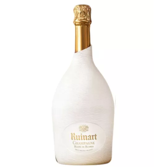 Bottiglia di Champagne Ruinart Blanc de Blancs con astuccio bianco Seconde Peau, vista frontale
