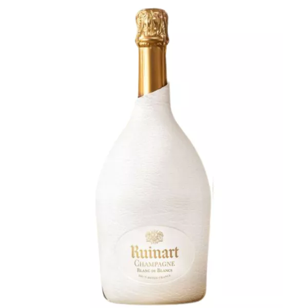 Bottiglia di Champagne Ruinart Blanc de Blancs con astuccio bianco Seconde Peau, vista frontale