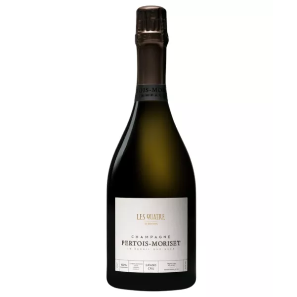 Bottiglia di Champagne Pertois-Moriset Les Quatre Terroirs Brut Blanc de Blancs Grand Cru su uno sfondo neutro