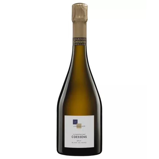 Bottiglia di Champagne Coessens Brut Blanc de Noirs, vista frontale, etichetta bianca, tappo dorato