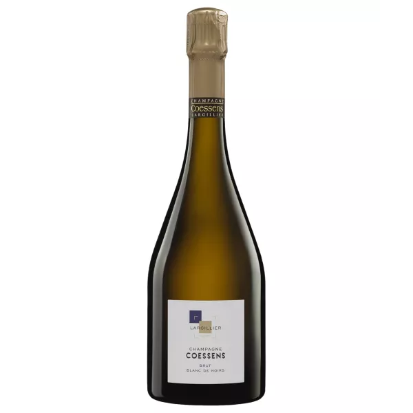 Bottiglia di Champagne Coessens Brut Blanc de Noirs, vista frontale, etichetta bianca, tappo dorato