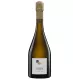 Bottiglia di Champagne Coessens Brut Blanc de Noirs, vista frontale, etichetta bianca, tappo dorato
