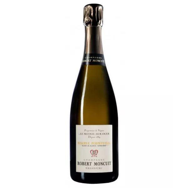 Bottiglia di Champagne Robert Moncuit Blanc de Blancs Extra-Brut Grand Cru Réserve Perpétuelle, vista frontale