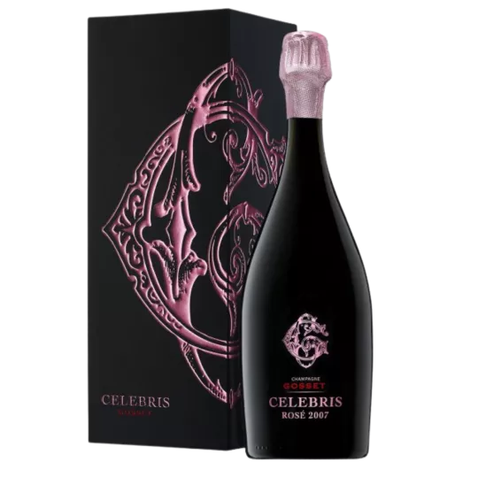 Bottiglia di Champagne Gosset Célébris Rosé Extra-Brut 2008, vista frontale, etichetta nera e rosa