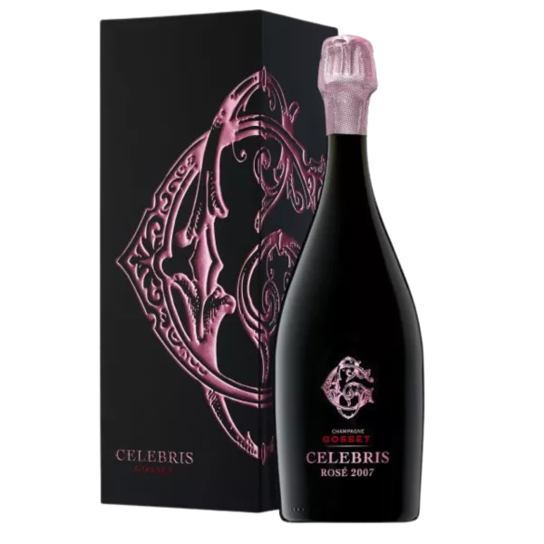 Bottiglia di Champagne Gosset Célébris Rosé Extra-Brut 2008, vista frontale, etichetta nera e rosa