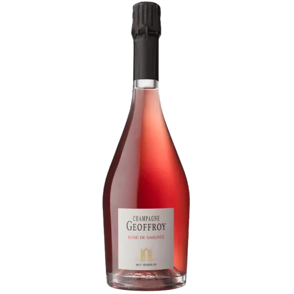 Bottiglia di Champagne René Geoffroy Premier Cru Rosé de Saignée, rosé, vista frontale